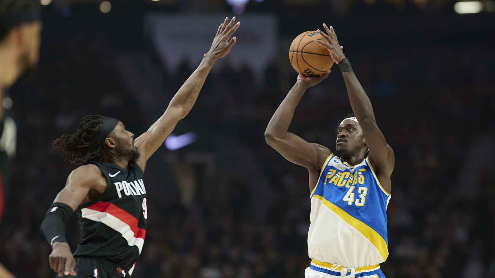 Indiana Pacers forward Pascal Siakam (43) shoots a jump shot during the first half against Portland Trail Blazers forward Jerami Grant (9) at Moda Center.