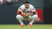 Houston Astros shortstop Jeremy Pena (3) reacts after a play during the sixth inning against the Seattle Mariners at Daikin Park