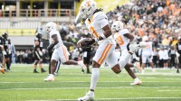 Tennessee Volunteers defensive back Jermod McCoy (3) celebrates the interception against the Vanderbilt Commodores during the first half at FirstBank Stadium.