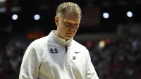 Utah State Aggies head coach Jerrod Calhoun reacts after a loss against the Arizona Wildcats during a second round game of the men's 2026 NCAA Tournament at Viejas Arena.