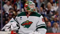 Minnesota Wild goaltender Jesper Wallstedt (30) in the second period against the Colorado Avalanche at Ball Arena.