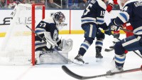 Columbus Blue Jackets goalie Jet Greaves (73) makes a save against the Carolina Hurricanes during the first period at Nationwide Arena.