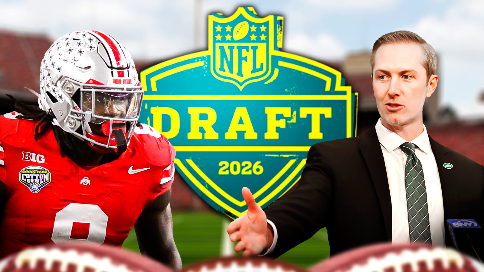 Arvell Reese on left. Darren Mougey on right. NFL Draft logo in middle