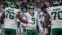 New York Jets kicker Nick Folk (6) celebrates a field goal against the New Orleans Saints during the first half at Caesars Superdome.