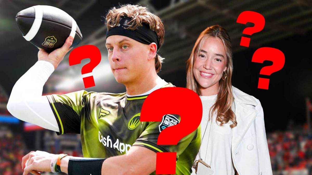 Fanatics Flag Football Classic quarterback Joe Burrow and Olivia Ponton, who he is rumored to be dating amid rumors linking him to Alix Earle, with question marks around them.