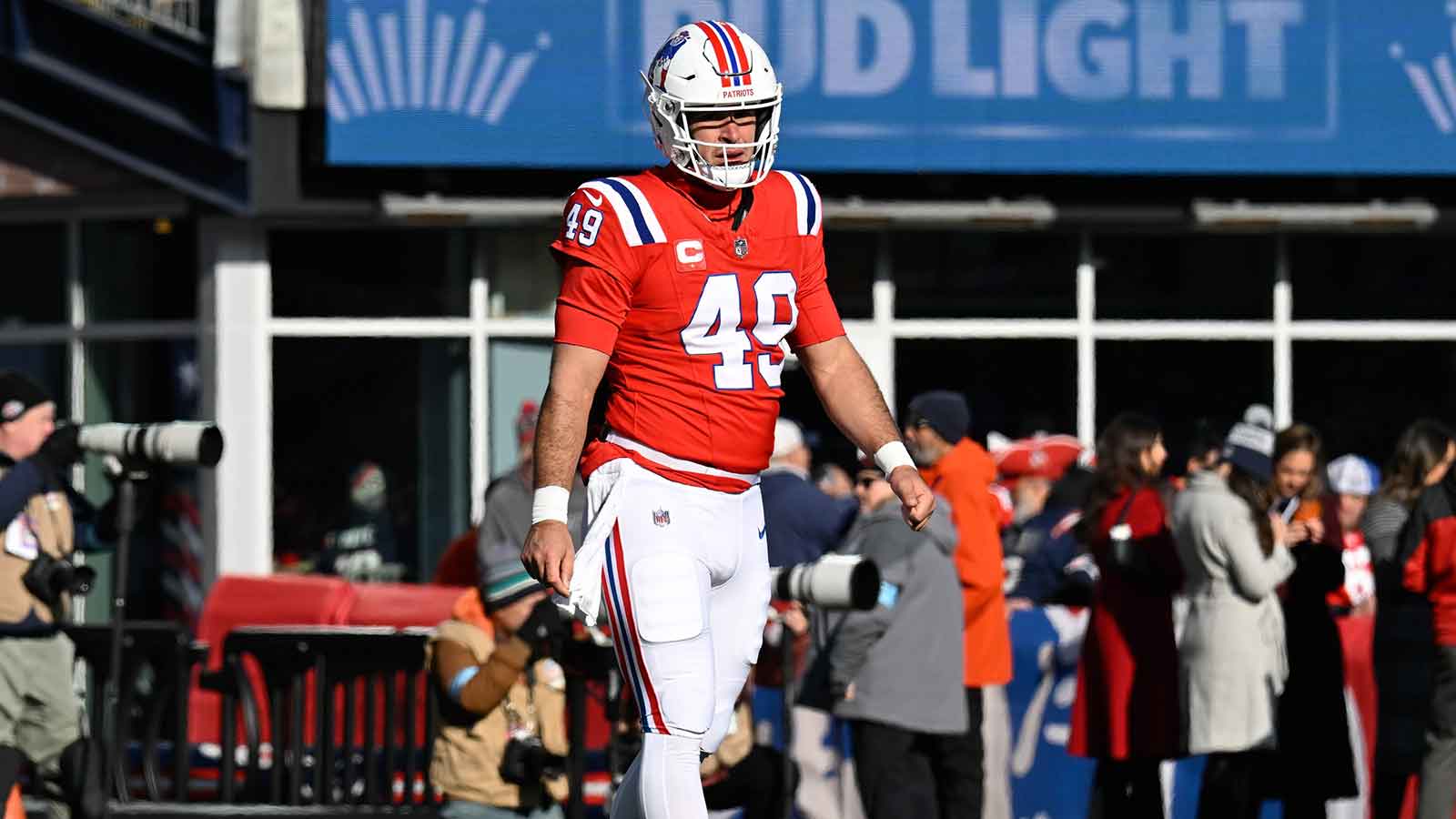 New England Patriots long snapper Joe Cardona (49) warms up before a game against the Indianapolis Colts at Gillette Stadium.