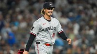 Minnesota Twins pitcher Joe Ryan (41) smiles during a game against the New York Yankees at Yankee Stadium