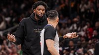 Philadelphia 76ers center/forward Joel Embiid (21) reacts to the official during the game against the Atlanta Hawks during the second half at State Farm Arena.