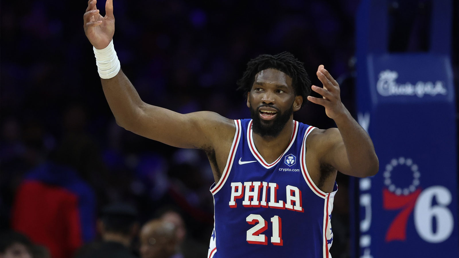 Philadelphia 76ers center Joel Embiid (21) reacts after a score against the Chicago Bulls during the third quarter at Xfinity Mobile Arena.