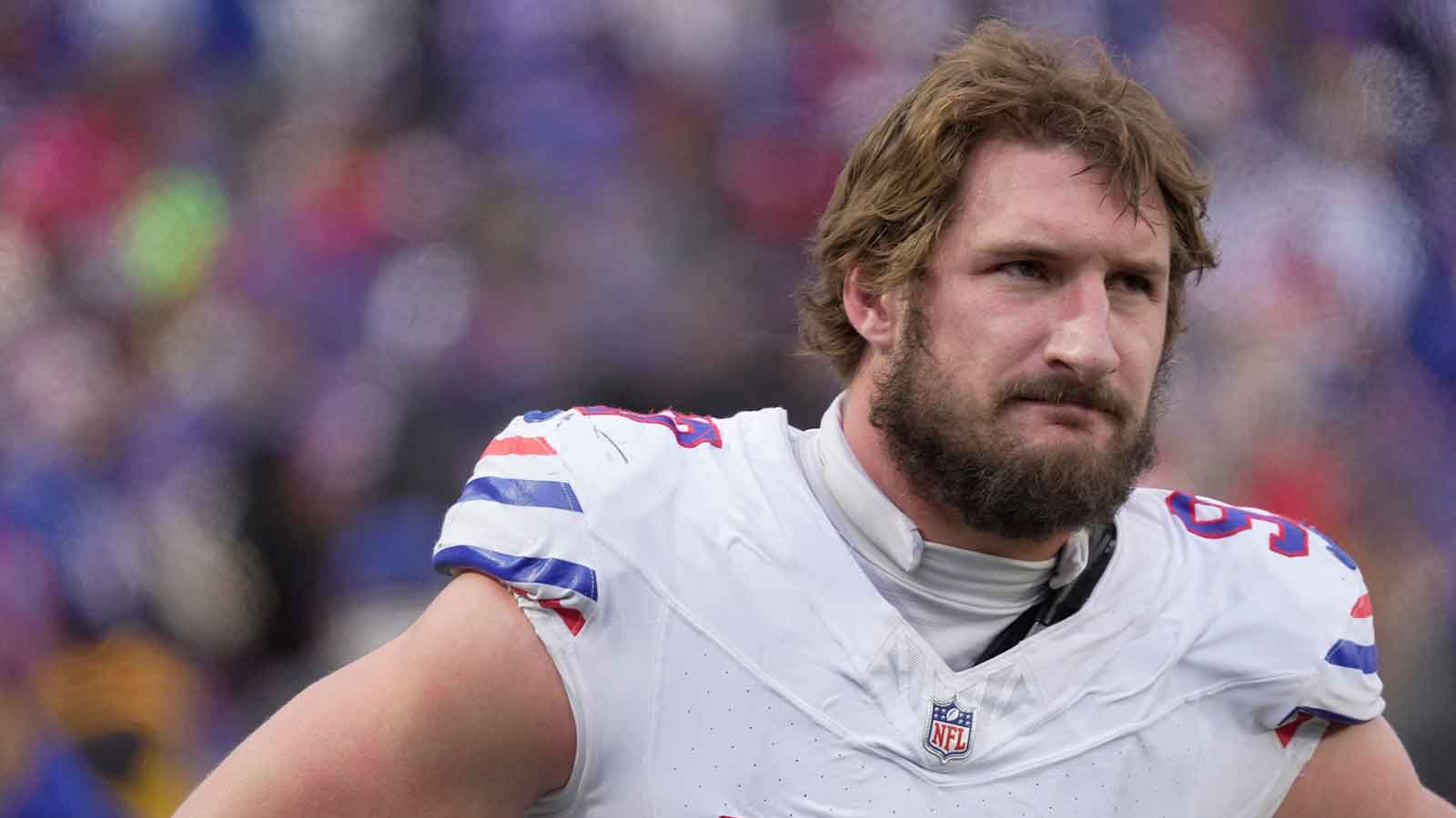 Buffalo Bills defensive end Joey Bosa watches the offensive line on the field during second half action against the Tampa Bay Buccaneers on Nov 16, 2025 at Highmark Stadium in Orchard Park.
