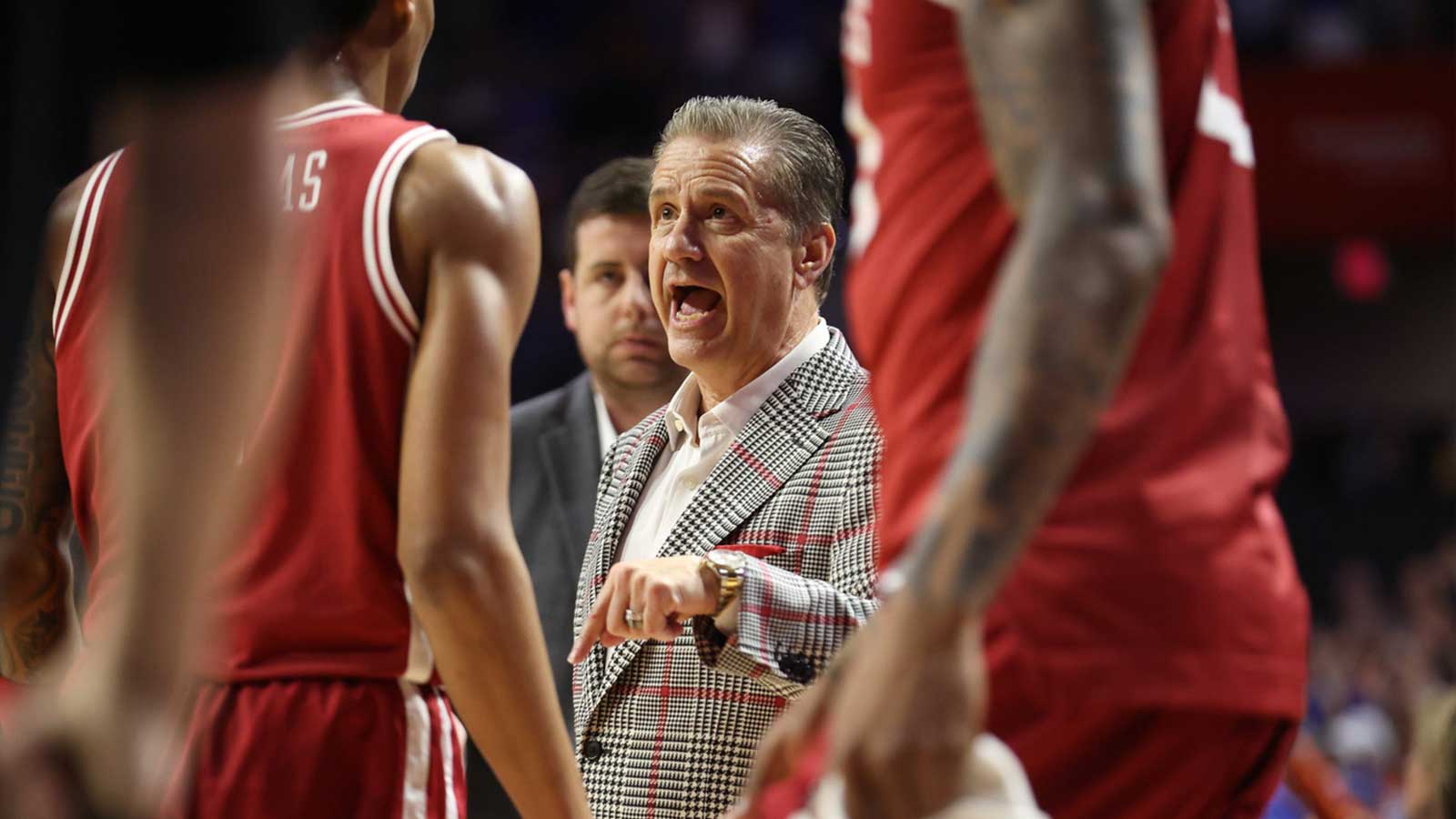Arkansas head coach John Calipari reacts during the first half of an NCAA basketball game at Steven C. O'Connell Center Exactek arena in Gainesville, FL on Saturday, February 28, 2026.