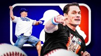 Two images of John Cena, MLB logo in the background