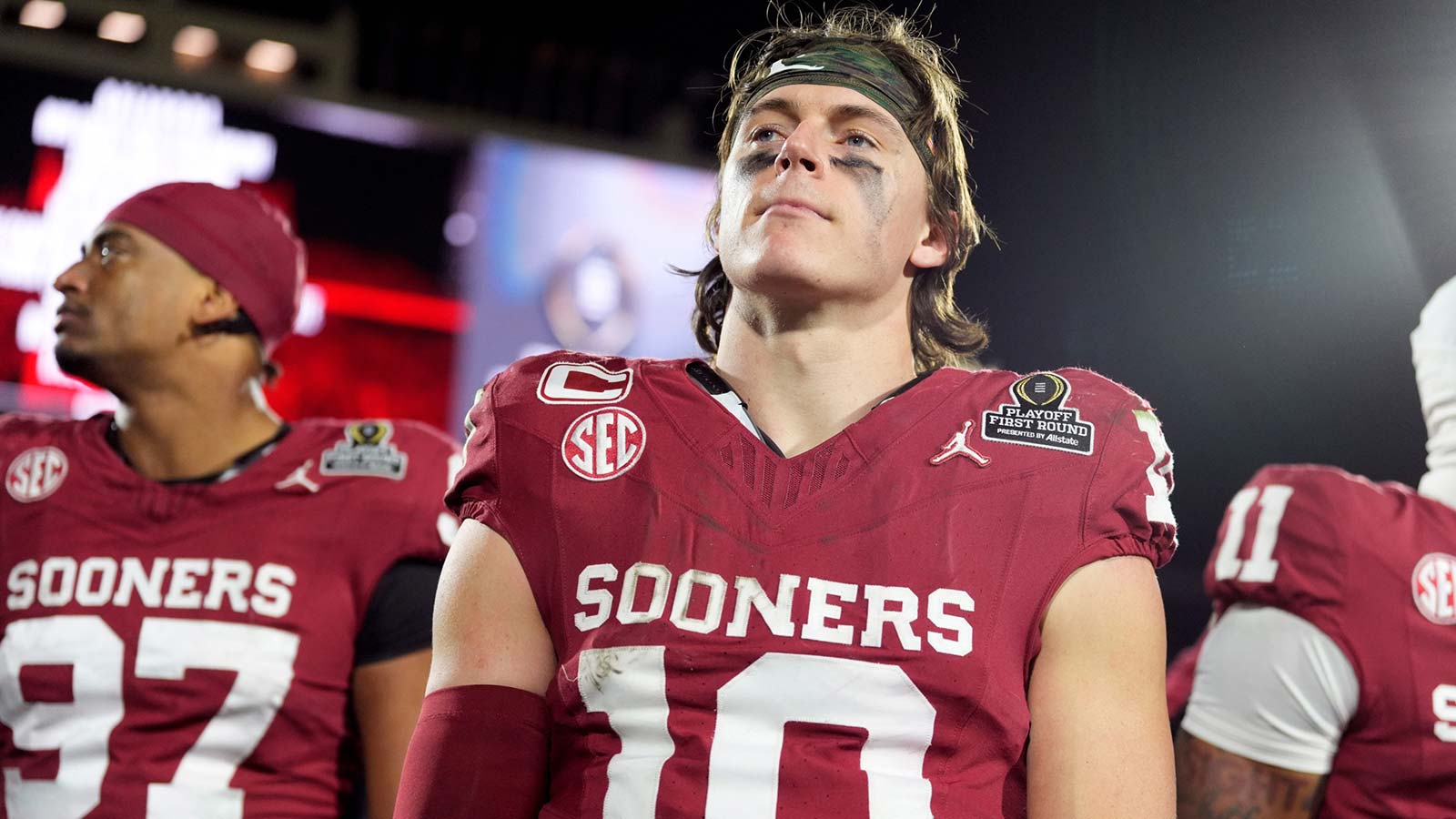 Oklahoma's John Mateer (10) reacts following the College Football Playoff game between the University of Oklahoma Sooners (OU) and the Alabama Crimson Tide at the Gaylord Family – Oklahoma Memorial Stadium in Norman, Okla., Friday Dec. 19, 2025.