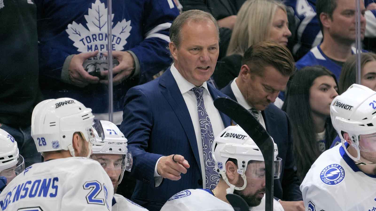 Tampa Bay Lightning head coach Jon Cooper talks to his players during a break in the action against the Toronto Maple Leafs at Scotiabank Arena. 