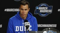 Duke Blue Devils head coach Jon Scheyer speaks with the media during a press conference ahead of the east regional of the men's 2026 NCAA Tournament at Capital One Arena