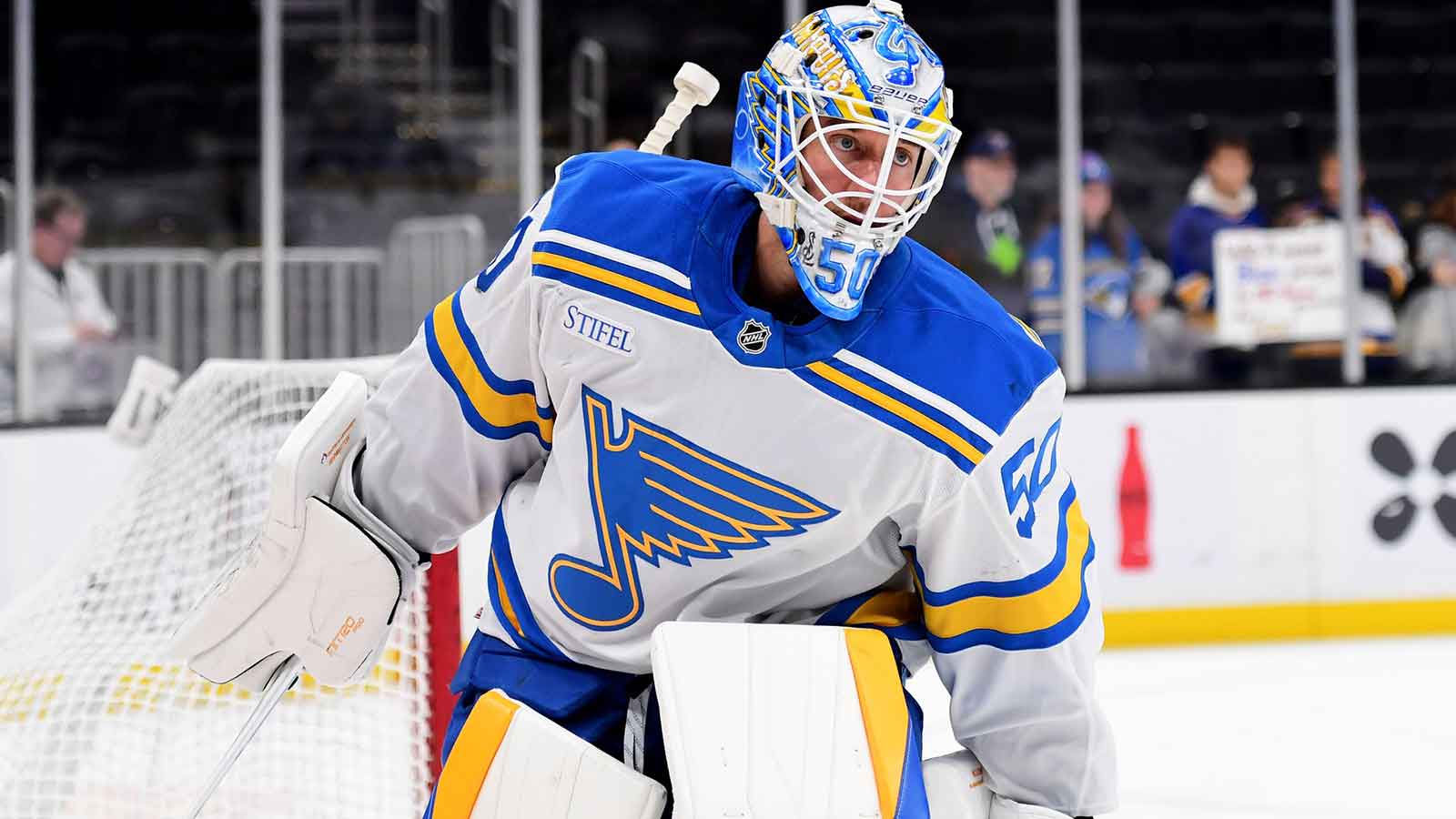 St. Louis Blues goaltender Jordan Binnington (50) during warmups prior to a game against the Boston Bruins at TD Garden