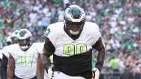 Philadelphia Eagles defensive tackle Jordan Davis (90) runs drills during a training camp practice at Lincoln Financial Field.