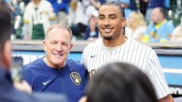 Milwaukee Brewers manager Pat Murphy and Packers quarterback Jordan Love take a photo together at the Milwaukee Brewers Opening Day game against the Chicago White Sox on Thursday March 26, 2026 at American Family Field in Milwaukee, Wisconsin.