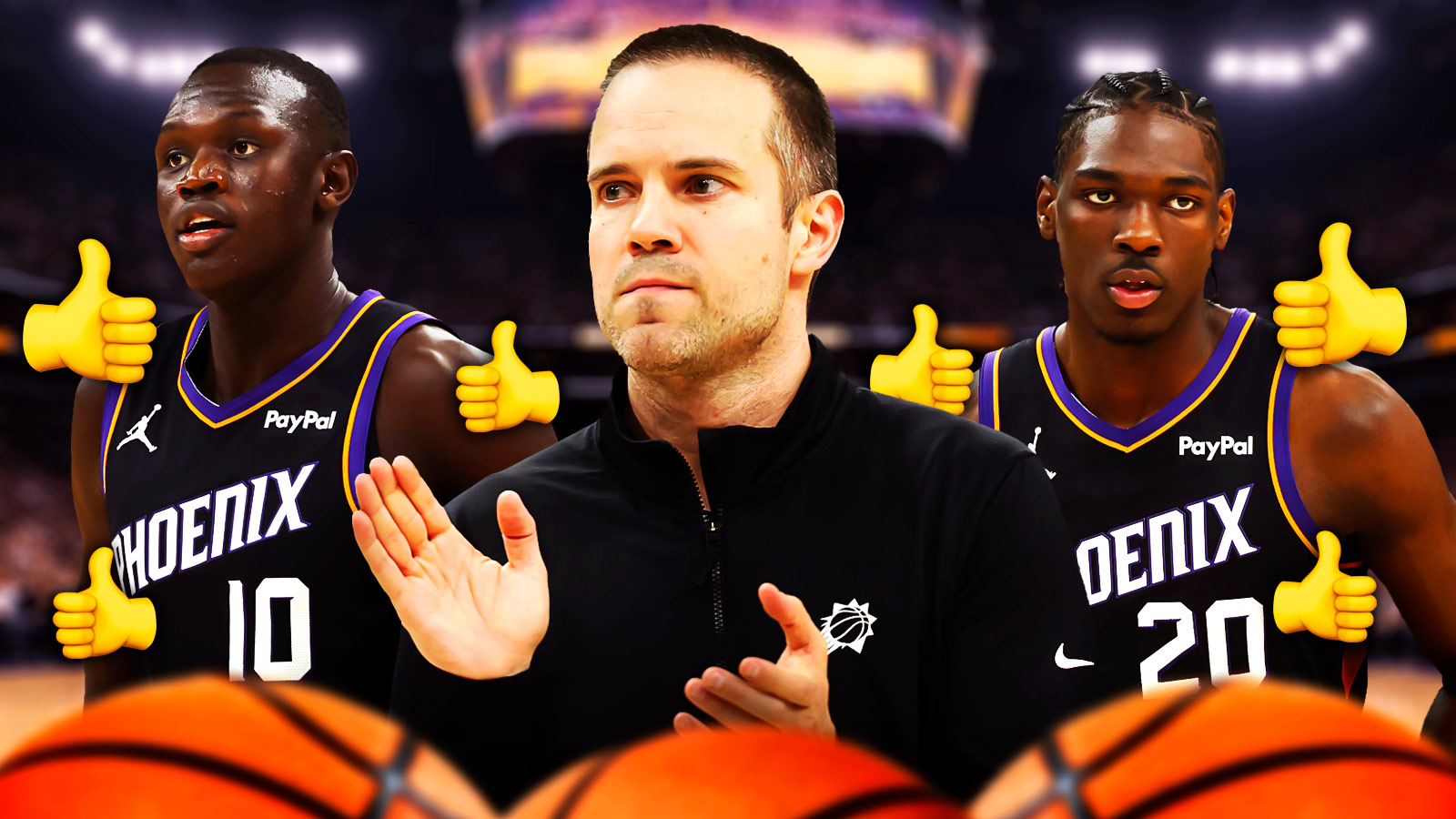 Phoenix Suns head coach Jordan Ott smiling with Suns rookies Khaman Maluach and Rasheer Fleming in a defensive stance to Ott's left and right. There are also thumbs-up emojis around Fleming and Maluach too.