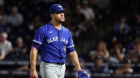 Toronto Blue Jays starting pitcher Jose Berrios (17) walks to the dugout after he pitched the fourth inning against the Tampa Bay Rays at George M. Steinbrenner Field.