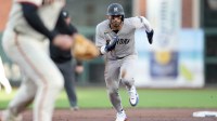 New York Yankees shortstop Jose Caballero (72) prepares to round third base before scoring a run against the San Francisco Giants in the second inning at Oracle Park.