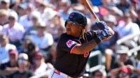 Cleveland Guardians third baseman Jose Ramirez (11) bats during the second inning against the Los Angeles Dodgers at Goodyear Ballpark.