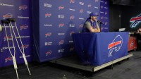 Bills quarterback Josh Allen answers a range of questions during a press conference at the Bills field house in Orchard Park on Jan. 29, 2026. He had minor surgery on his foot recently.