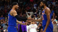New York Knicks guard Josh Hart (3) and forward Mikal Bridges (25) react after defeating the Memphis Grizzlies at FedExForum.