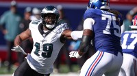 Philadelphia Eagles linebacker Josh Sweat (19) pass rushes against the New York Giants New York Giants guard Joshua Ezeudu (75) during the first half at MetLife Stadium.
