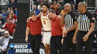 Iowa State Cyclones forward Joshua Jefferson (5) is helped off of the court after suffering an apparent injury to his left leg while shooting a layup against Tennessee State Tigers forward Jalen Pitre (not pictured) during the first half of a first round game of the men's 2026 NCAA Tournament at Enterprise Center. Mandatory Credit: Jeff Le-Imagn Images