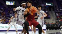 Iowa State Cyclones forward Joshua Jefferson (5) makes a move on TCU Horned Frogs forward Micah Robinson (5) during the second half at Ed and Rae Schollmaier Arena.