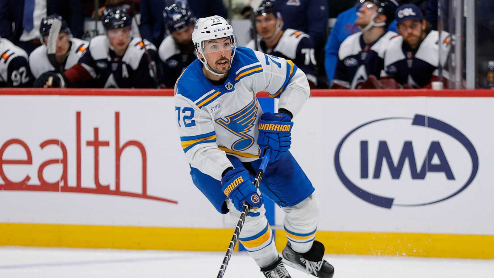 St. Louis Blues defenseman Justin Faulk (72) controls the puck in the third period against the Colorado Avalanche at Ball Arena.