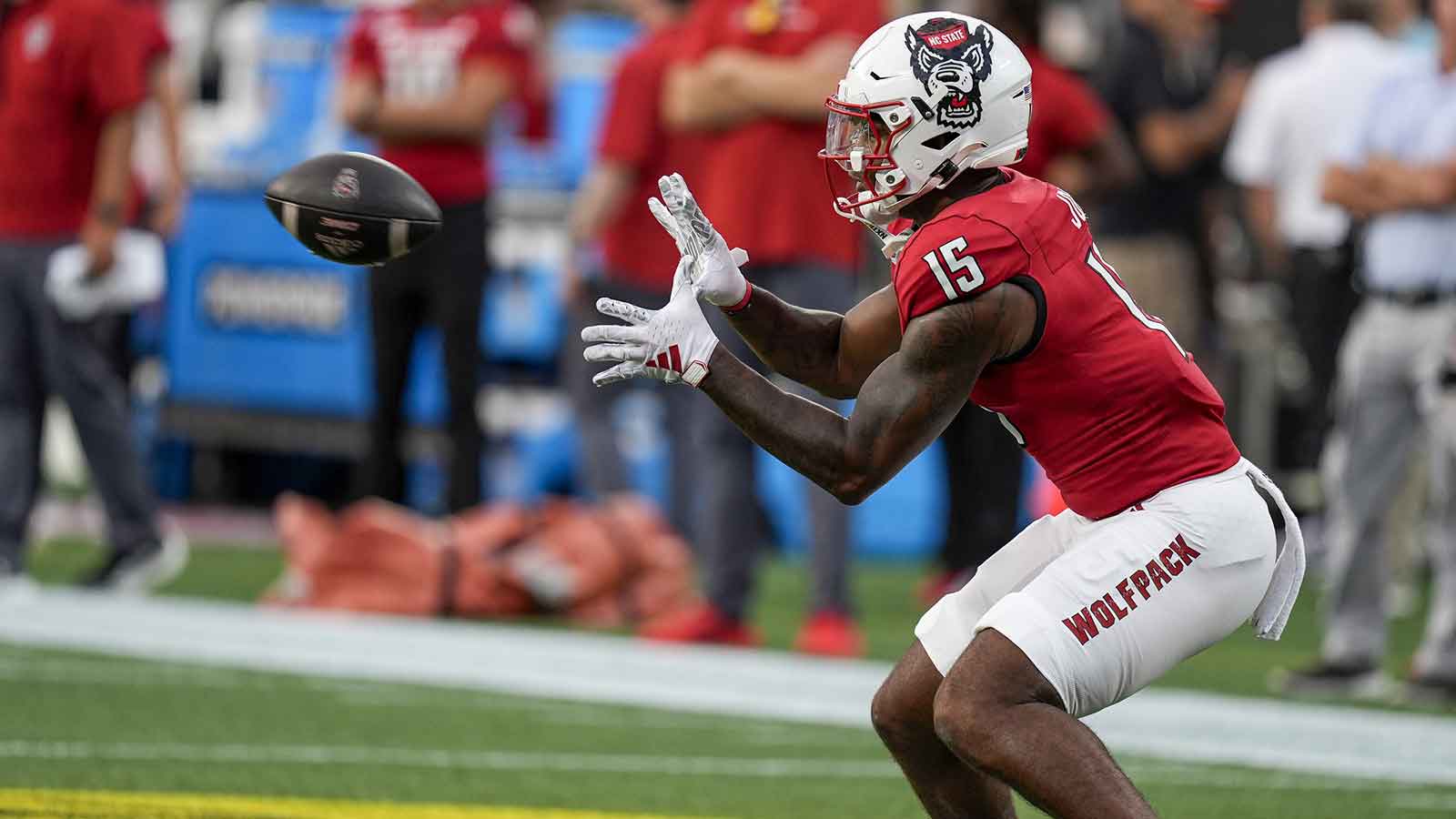 North Carolina State Wolfpack tight end Justin Joly (15) during pregame activities against the Tennessee Volunteers at the Dukes Mayo Classic at Bank of America Stadium. 