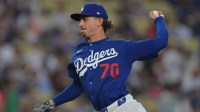 Los Angeles Dodgers pitcher Justin Wrobleski (70) delivers to the plate in the eighth inning against the Los Angeles Angels at Dodger Stadium.