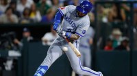 Kansas City Royals catcher Carter Jensen (22) hits a single during the fourth inning against the Athletics at Sutter Health Park.