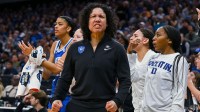 Duke Blue Devils head coach Kara Lawson reacts to a play during the second quarter of the game against the UCLA Bruins in the Sacramento Regional 4 of the women's 2026 NCAA Tournament at the Golden 1 Center.