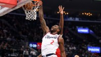 Los Angeles Clippers forward Kawhi Leonard (2) dunks the ball during the first quarter against the New Orleans Pelicans at Intuit Dome.
