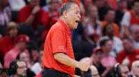 Houston Cougars head coach Kelvin Sampson reacts in the first half during a Sweet Sixteen game of the South Regional of the men's 2026 NCAA Tournament at Toyota Center.