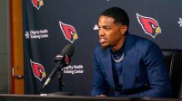 Kendrick Bourne speaks to members of the media at Arizona Cardinals Training Center in Tempe, on March 12, 2026.