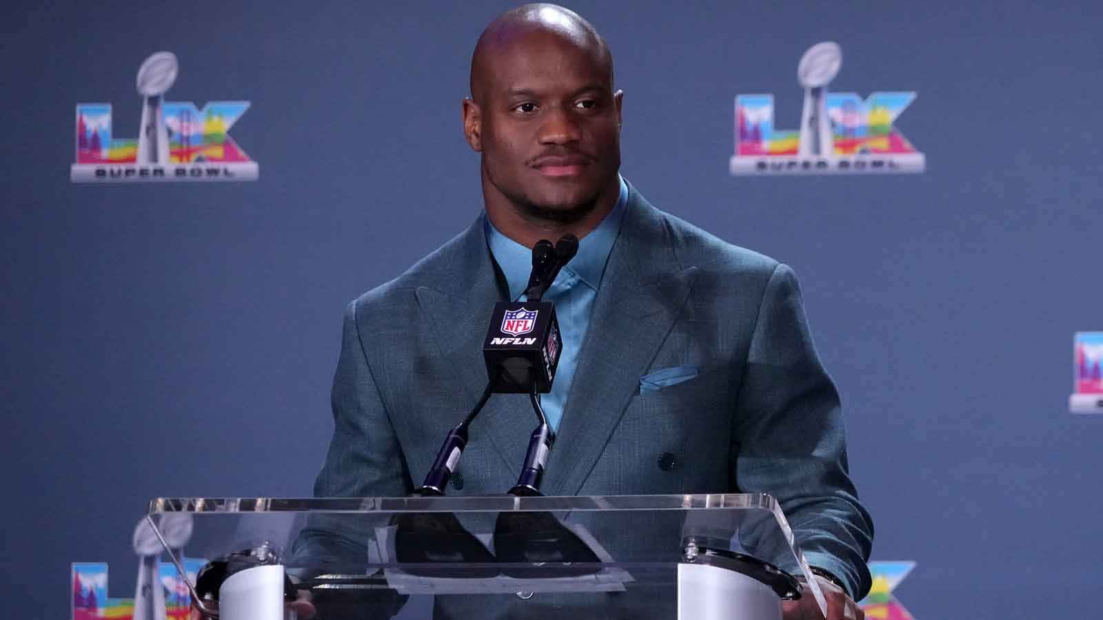 Seattle Seahawks running back Kenneth Walker III speaks during the Super Bowl LX winning head coach and most valuable player press conference at Moscone Center