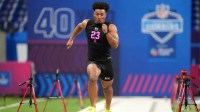 Feb 27, 2026; Indianapolis, IN, USA; Oregon tight end Kenyon Sadiq (TE23) during the NFL Scouting Combine at Lucas Oil Stadium. Mandatory Credit: Kirby Lee-Imagn Images