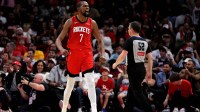 Houston Rockets forward Kevin Durant (7) reacts after a made basket against the Atlanta Hawks during the third quarter at Toyota Center. Mandatory Credit: Erik Williams-Imagn Images