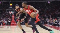 Houston Rockets forward Kevin Durant (7) dribbles the ball as Toronto Raptors forward Brandon Ingram (3) defends during the third quarter at Toyota Center.