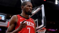 Houston Rockets forward Kevin Durant (7) reacts after making a basket against the Atlanta Hawks during the first quarter at Toyota Center.