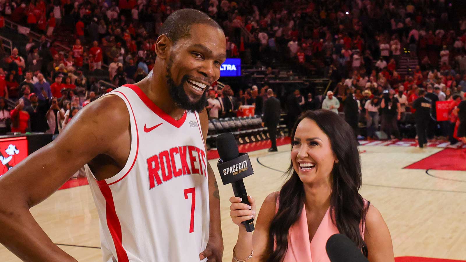Houston Rockets forward Kevin Durant (7) is interviewed after he became the 5th highest point leader in NBA history after the game against the Miami Heat at Toyota Center. 
