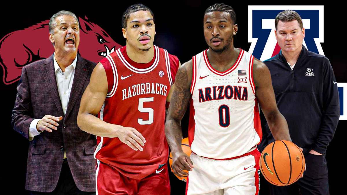 March Madness: John Calipari, Darius Acuff Jr., Arkansas logo on one side Tommy Lloyd, Jaden Bradley and Arizona logo on the other side