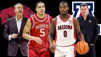 March Madness: John Calipari, Darius Acuff Jr., Arkansas logo on one side Tommy Lloyd, Jaden Bradley and Arizona logo on the other side