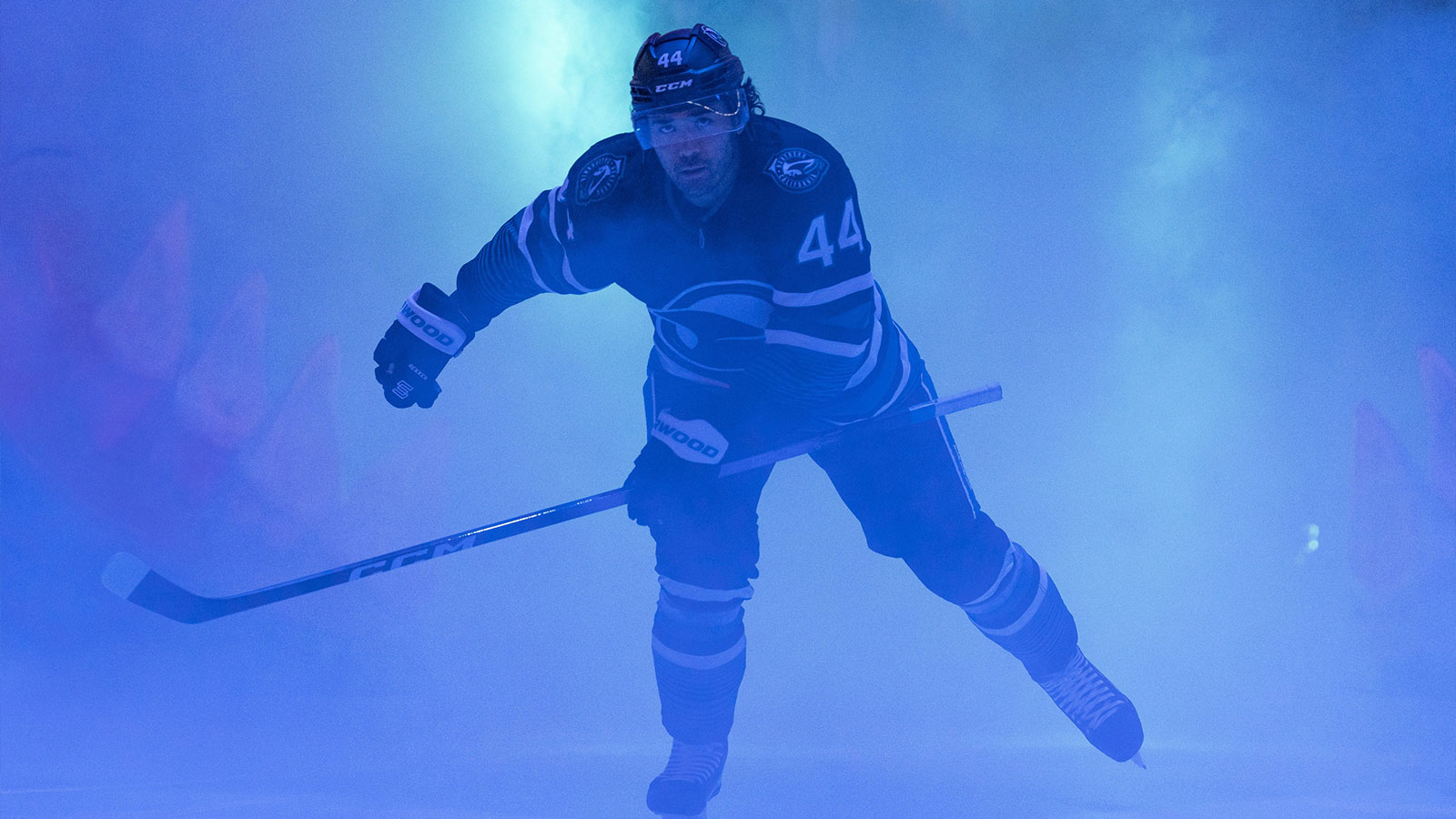 San Jose Sharks left wing Kiefer Sherwood (44) skates onto the ice before the start of the first period against the Montreal Canadiens at SAP Center at San Jose.