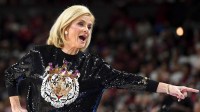 Louisiana State Tigers head coach Kim Mulkey points Saturday, March 7, 2026, during the SEC Women's Basketball Tournament semifinals game against the South Carolina Gamecocks at Bon Secours Wellness Arena in Greenville, South Carolina.