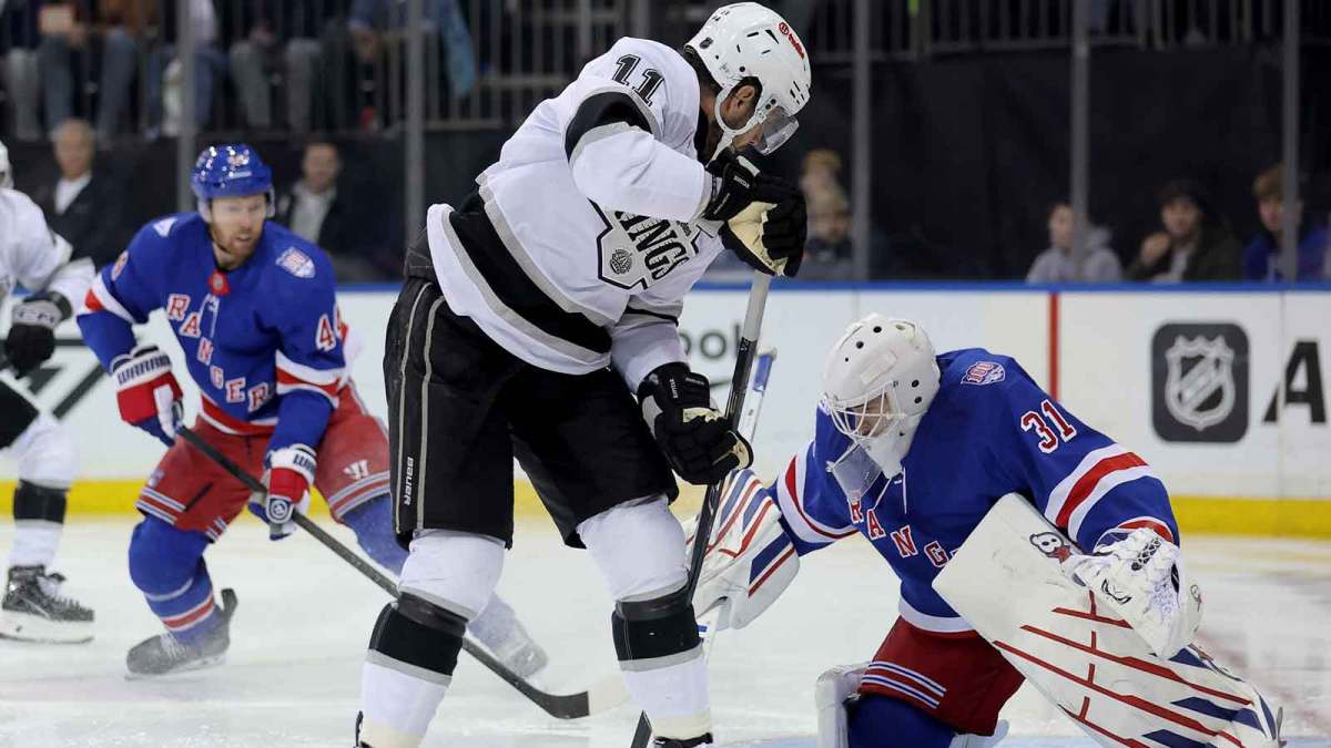 New York Rangers goaltender Igor Shesterkin (31) makes a save against Los Angeles Kings center Anze Kopitar (11) during the first period at Madison Square Garden.